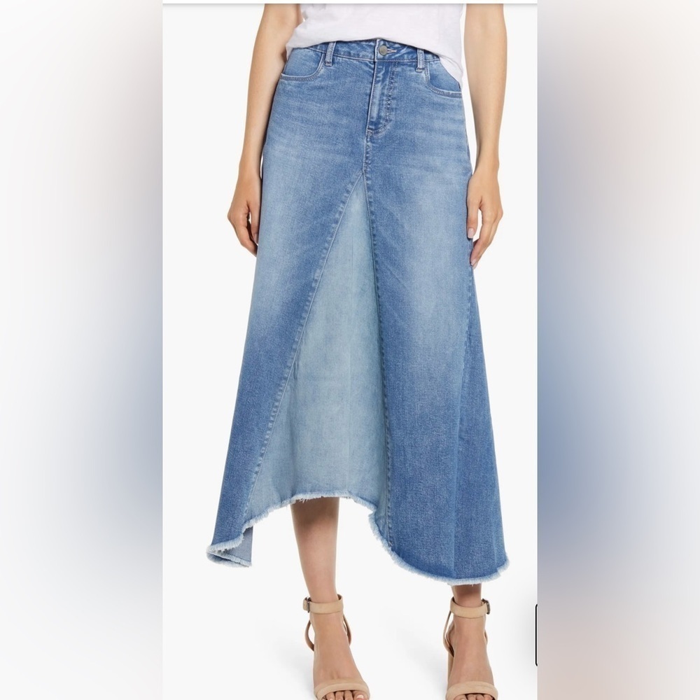 Wash Lab Pieced Denim Midi Asymmetrical Two Toned Skirt Size 30 Two Tone Sky